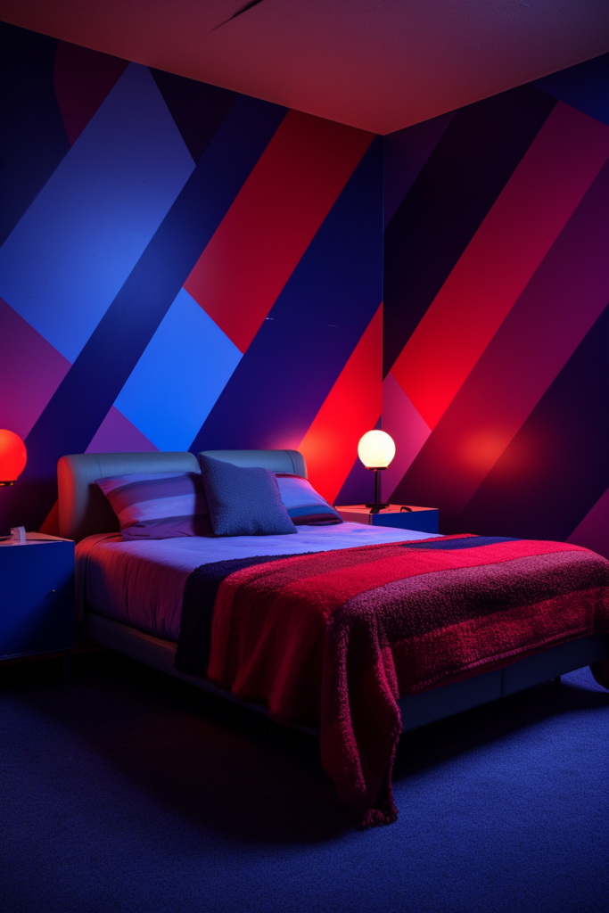 Creating Visual Harmony: A bed in a room with an unconventional paint color combination of red and blue walls.