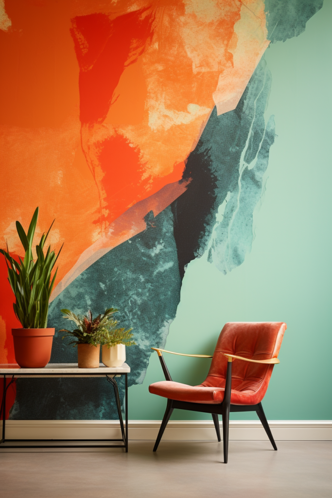 A living room with a stunning orange and green wall mural, creating visual harmony.