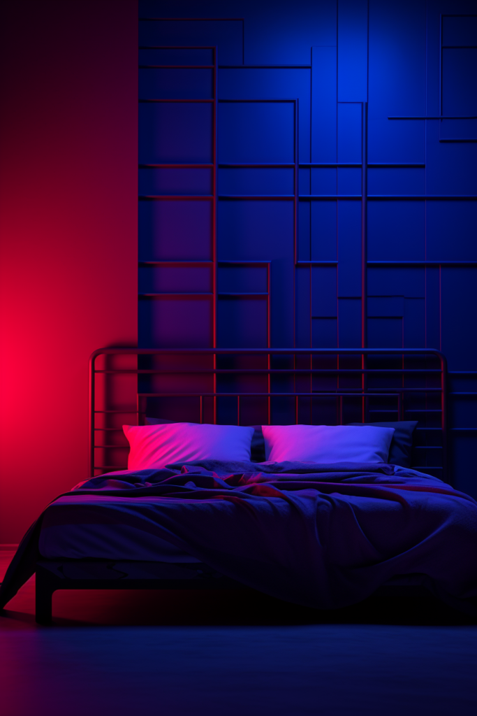 A stunning bed in a room with red and blue lights, creating visual harmony.