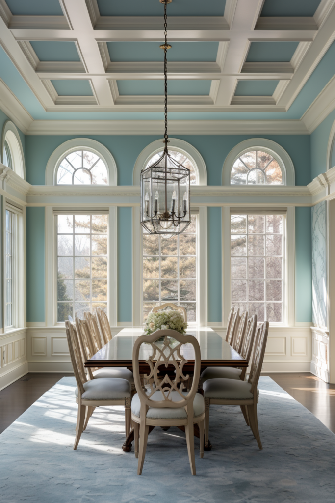 A dining room with stunning interiors, featuring blue walls and an arched window creating visual harmony.