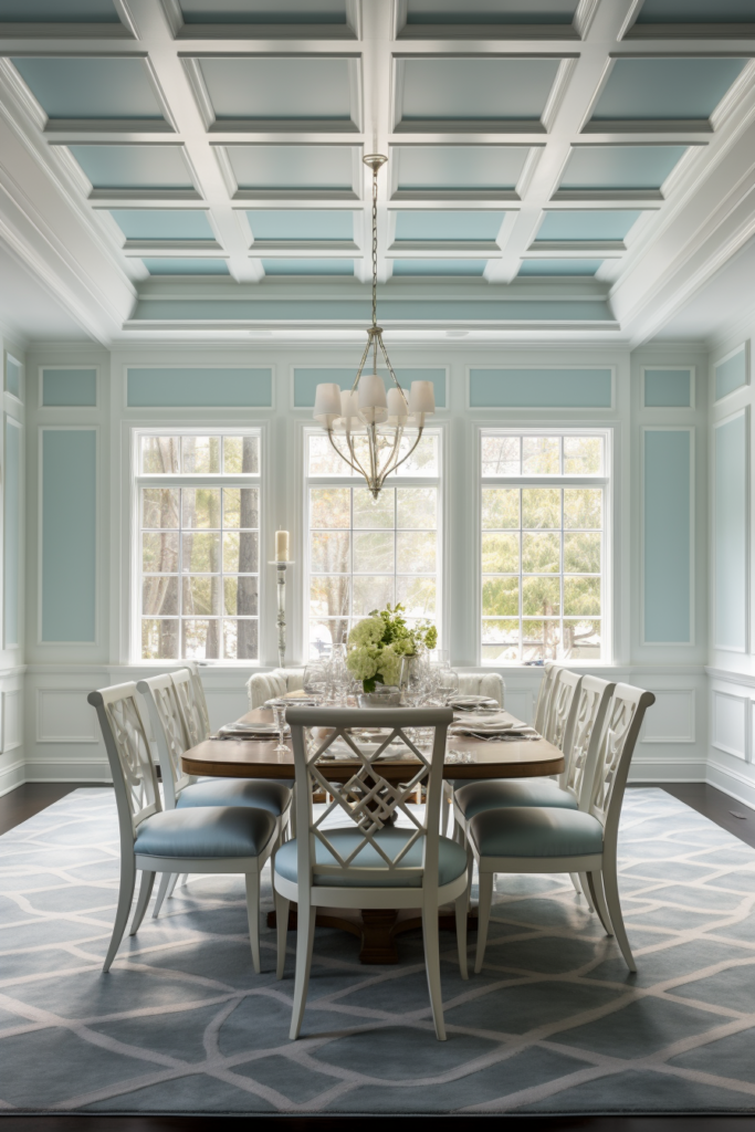 Stunning Interiors: A dining room with blue walls and white furniture.