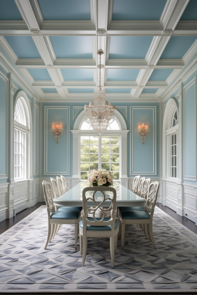 A dining room with striking blue walls and a beautiful chandelier, creating visual harmony in its stunning interior design.