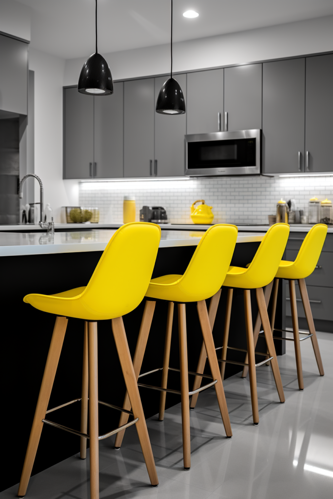 A kitchen with stunning interiors and yellow stools masterfully creating visual harmony against black cabinets.
