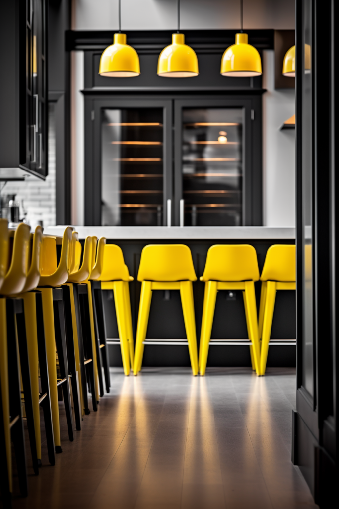A kitchen with yellow stools and black cabinets, creating visual harmony through unconventional paint color combinations.