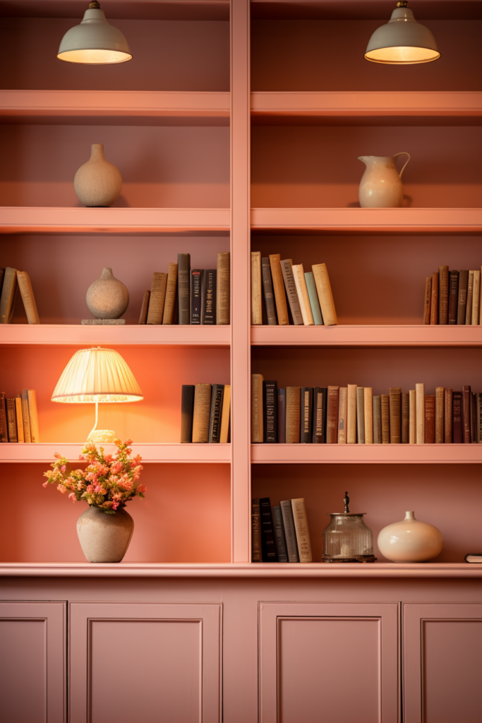 A stunning pink bookcase with a lamp on it, creating visual harmony.