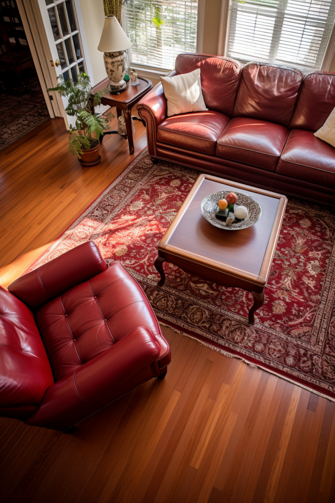 A living room with a red leather couch and a coffee table.