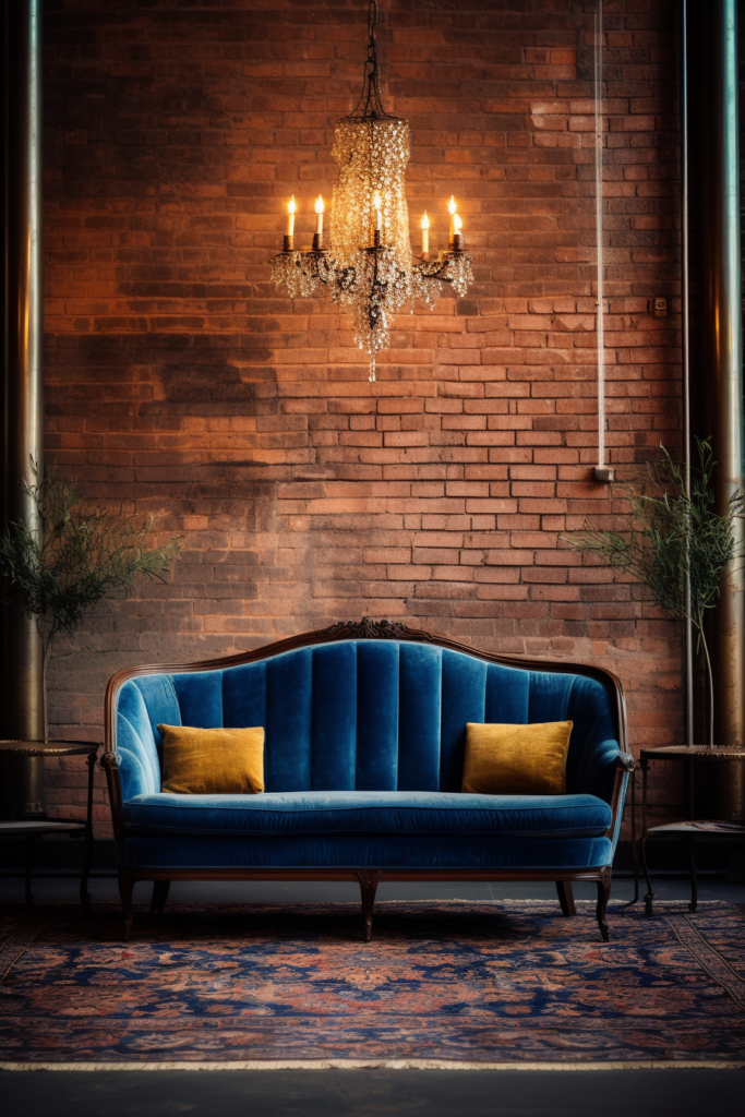 A blue velvet couch in front of a brick wall with rug placement.