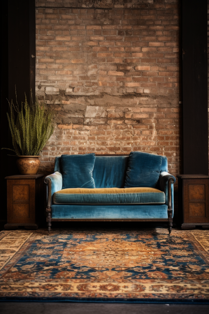 A blue sofa with careful rug placement in front of a brick wall, taking into account size considerations.