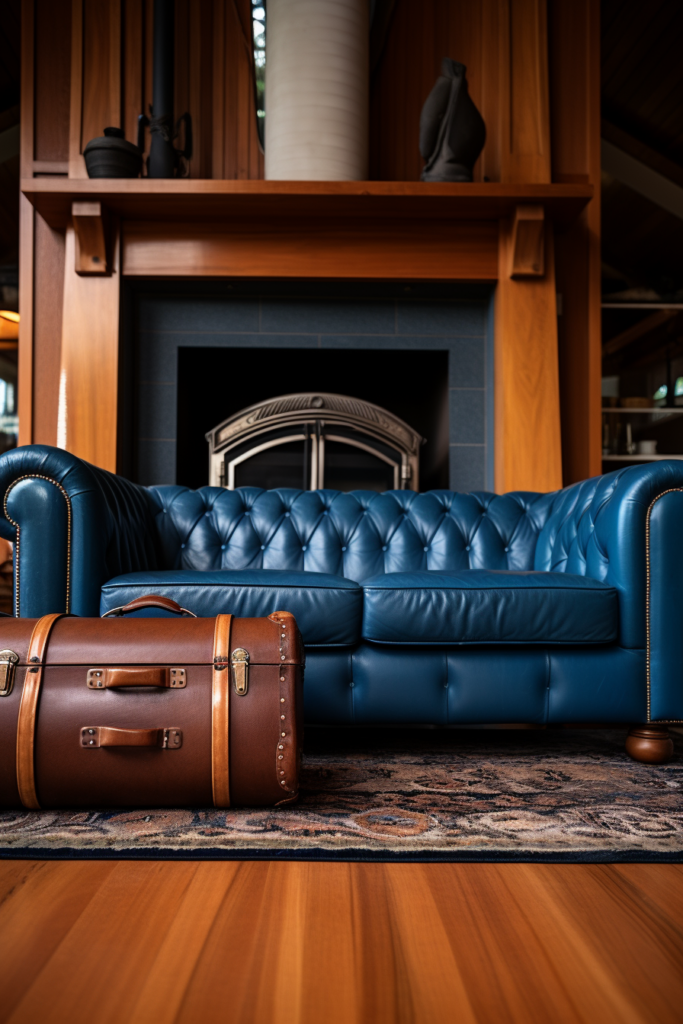 A blue leather couch, placed on a rug in front of a fireplace, taking into account size considerations.