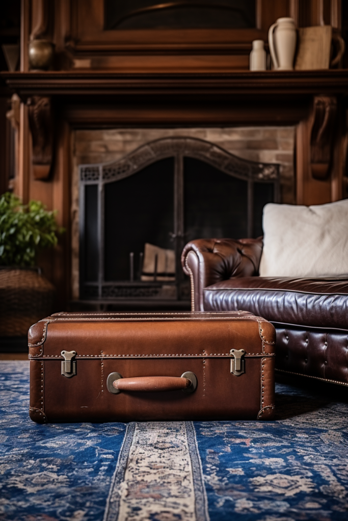 A brown suitcase sits on a blue rug in front of a fireplace, demonstrating rug placement.