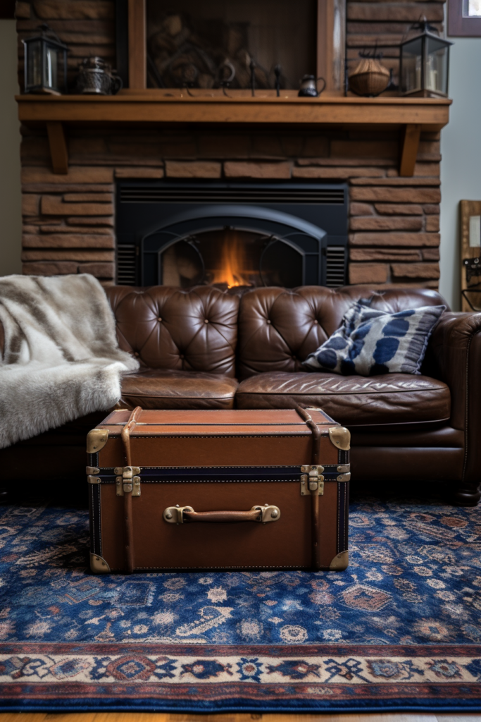 A brown leather sofa with a blue rug in front of a fireplace. The placement of the rug adds a pop of color to the room.