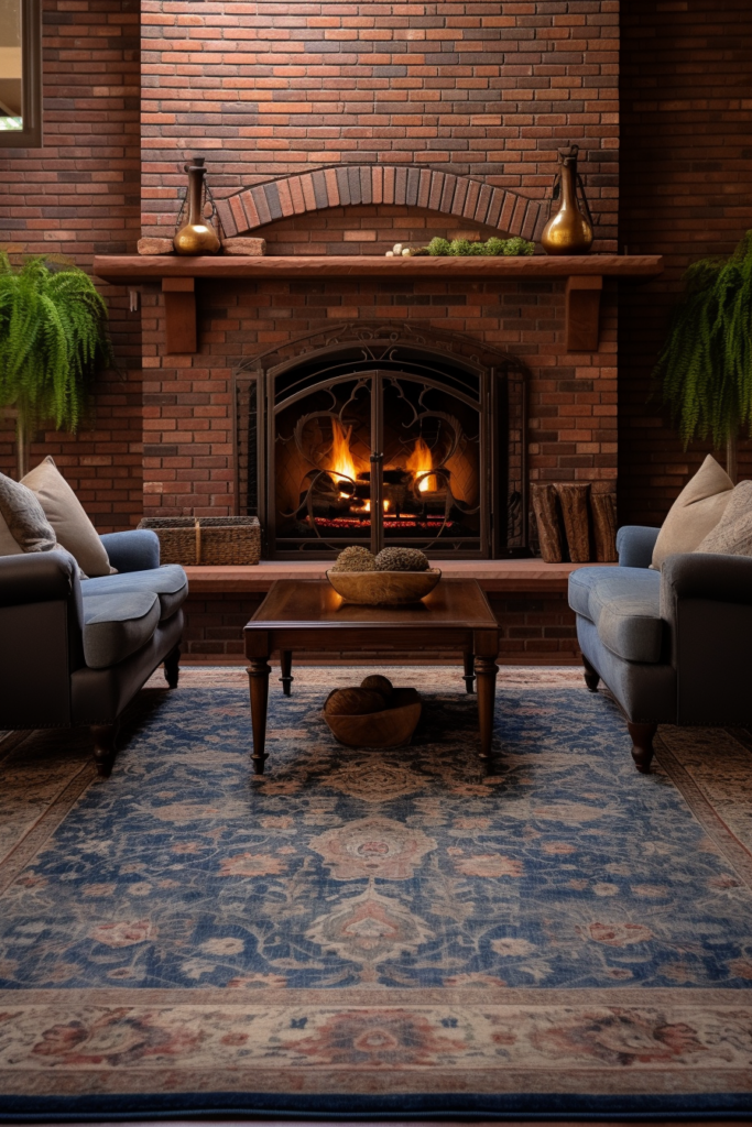 A brick fireplace in a living room adds warmth and charm, enhancing the overall ambiance. The placement of the fireplace creates a focal point in the room, while its size complements the scale of