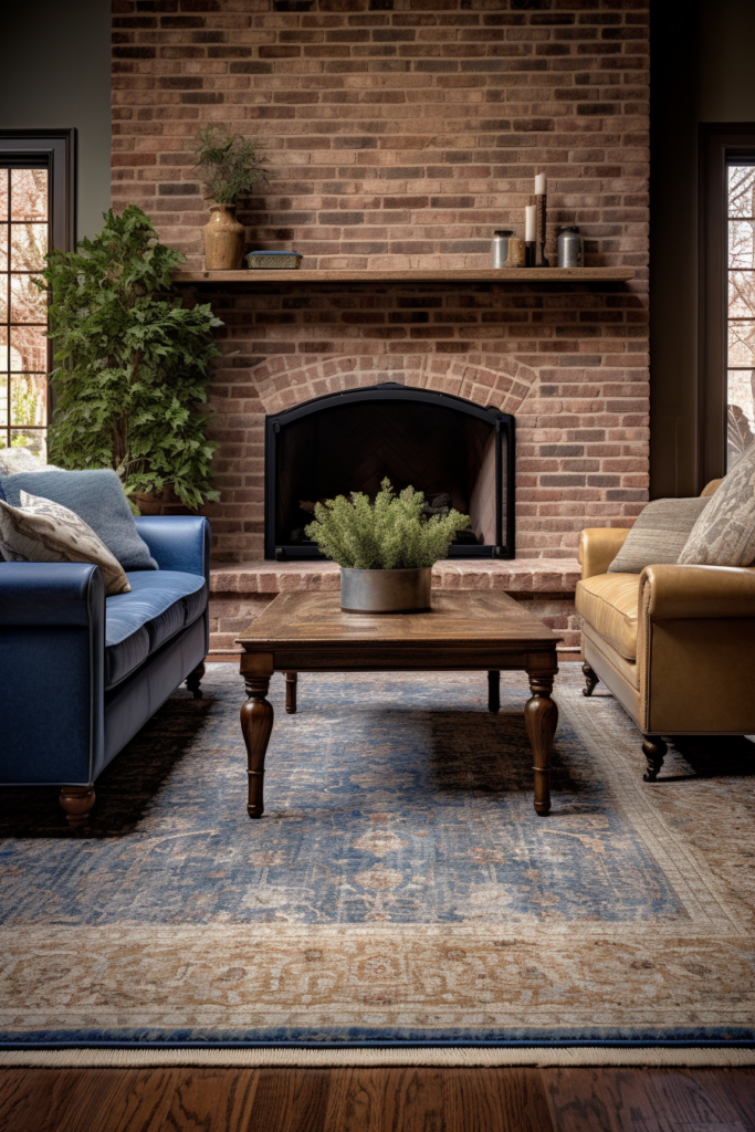 A spacious living room with cozy blue couches artfully arranged around a beautiful brick fireplace, with careful attention given to rug placement.