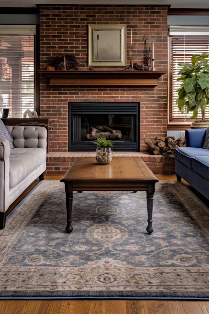 A living room with blue couches and a fireplace. The placement of a rug in this space can enhance its size and create a cozy atmosphere.