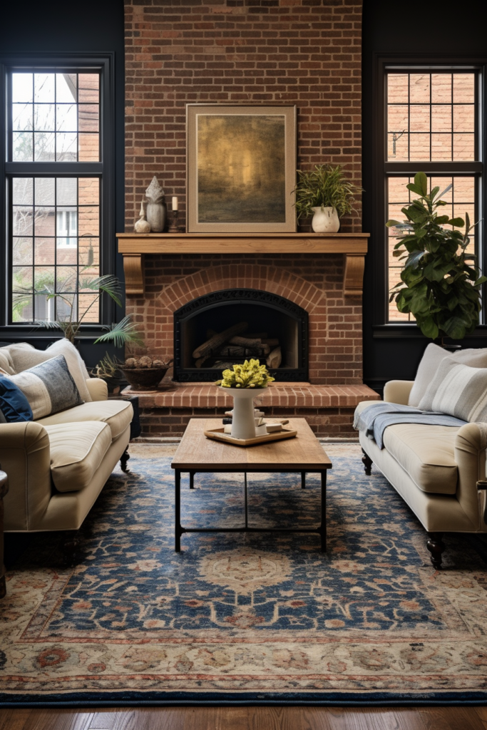 A living room with a brick fireplace and a blue rug, showcasing careful rug placement that enhances the overall space.