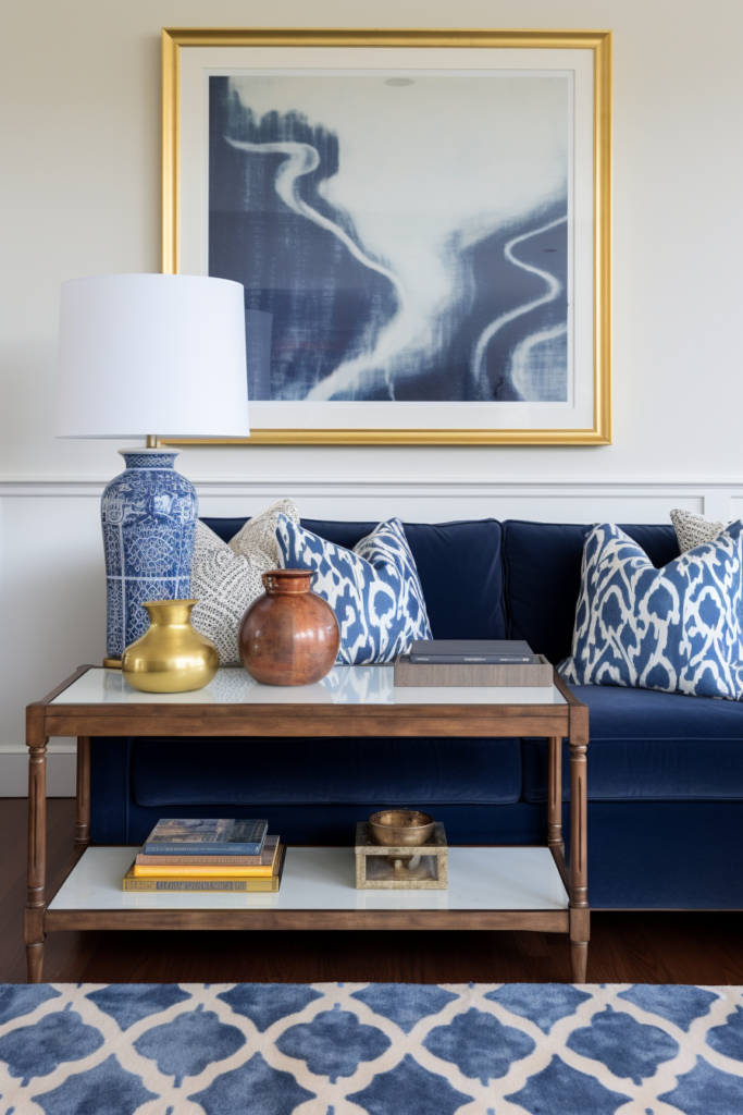 A living room with a blue couch and gold accents featuring a plush rug in the perfect size and placement.