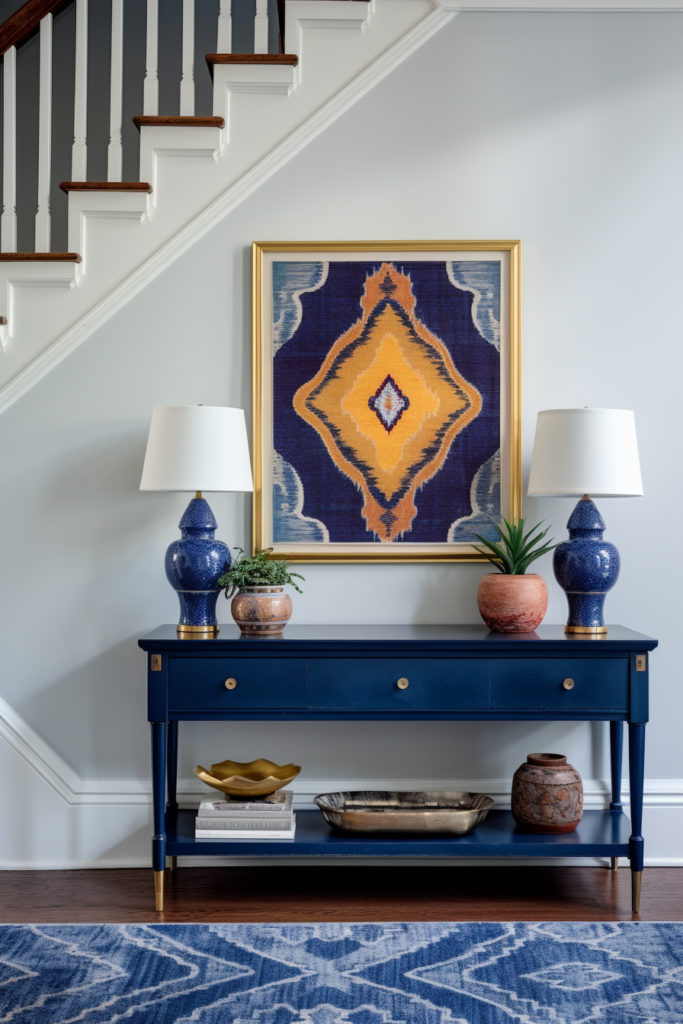 A console table with a rug in front of it.