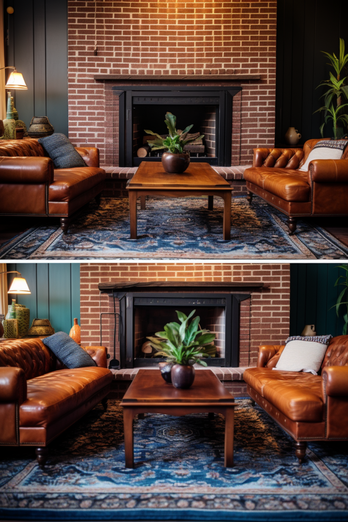Two pictures of a living room with couches and a fireplace, showcasing optimal rug placement and size considerations.