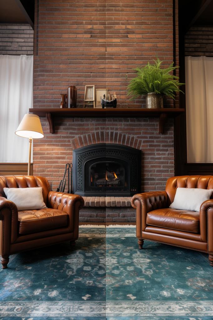 Two brown leather chairs placed in front of a brick fireplace.