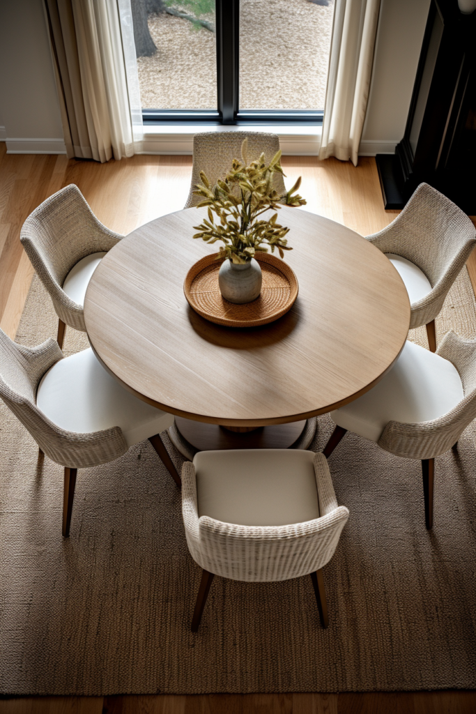 A round wooden dining table in a room with white chairs, considering size.