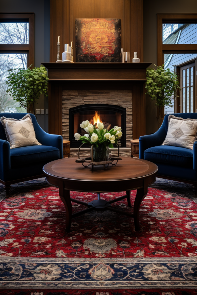 A living room with blue chairs and a fireplace.