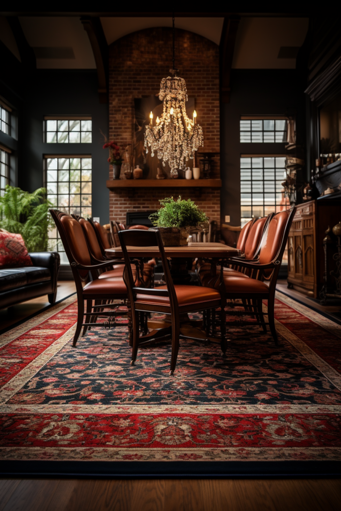 A spacious dining room adorned with a cozy fireplace and an exquisite rug, carefully placed to enhance the ambiance and considerate of its size.