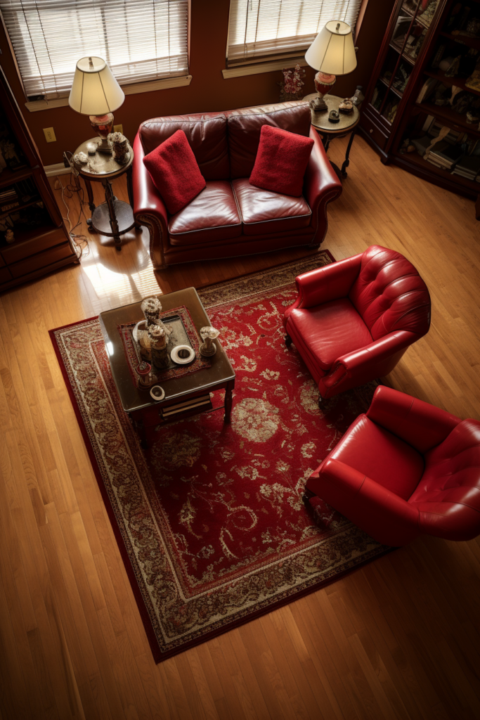 A living room with two red leather chairs and a coffee table, showcasing perfect placement and size.
