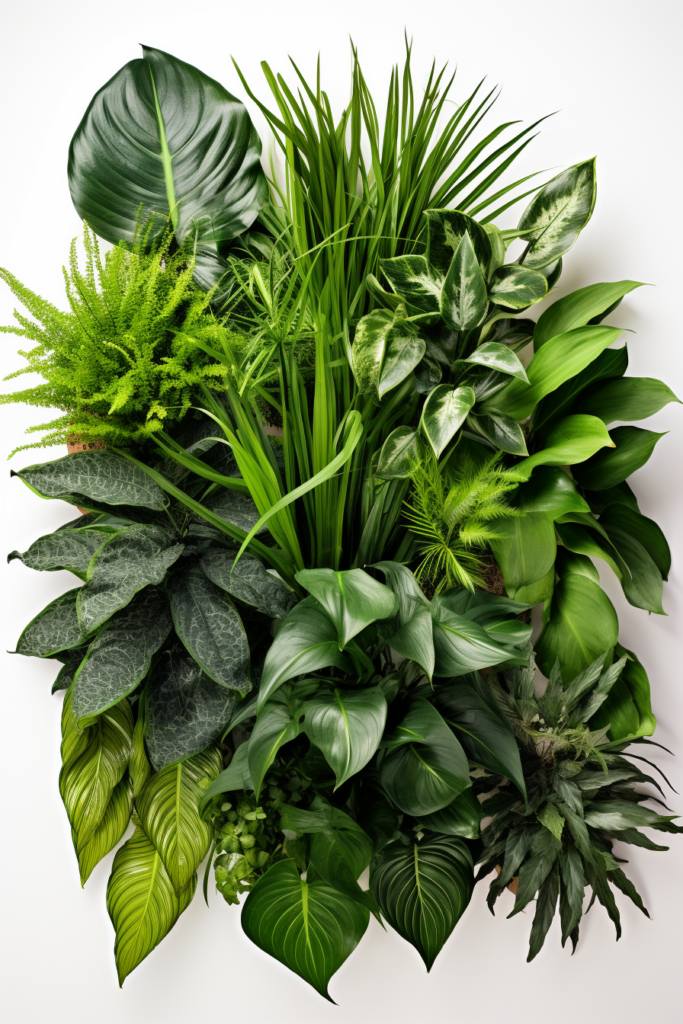 A self-sustaining arrangement of green plants on a white background, perfect for plant care in windowless bathrooms.