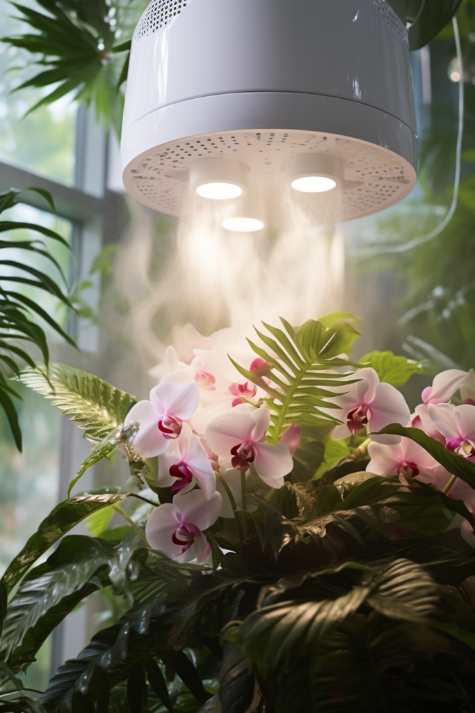 A self-sustaining plant thriving in a room with a humidifier for optimum plant care.