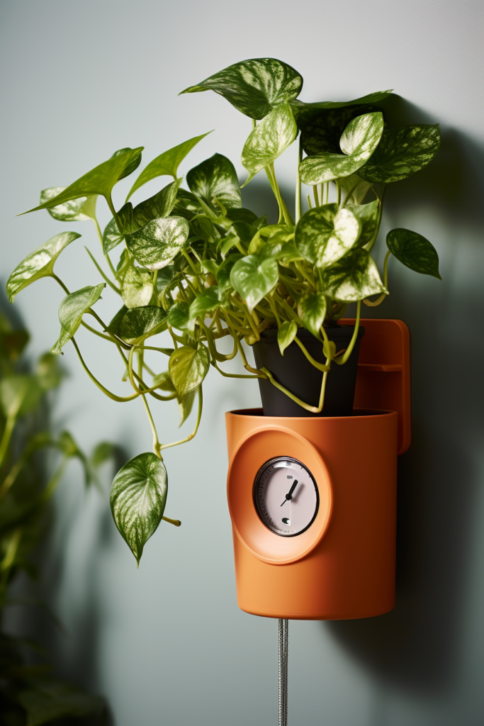 A self-sustaining orange planter with a clock on it, perfect for plant care.