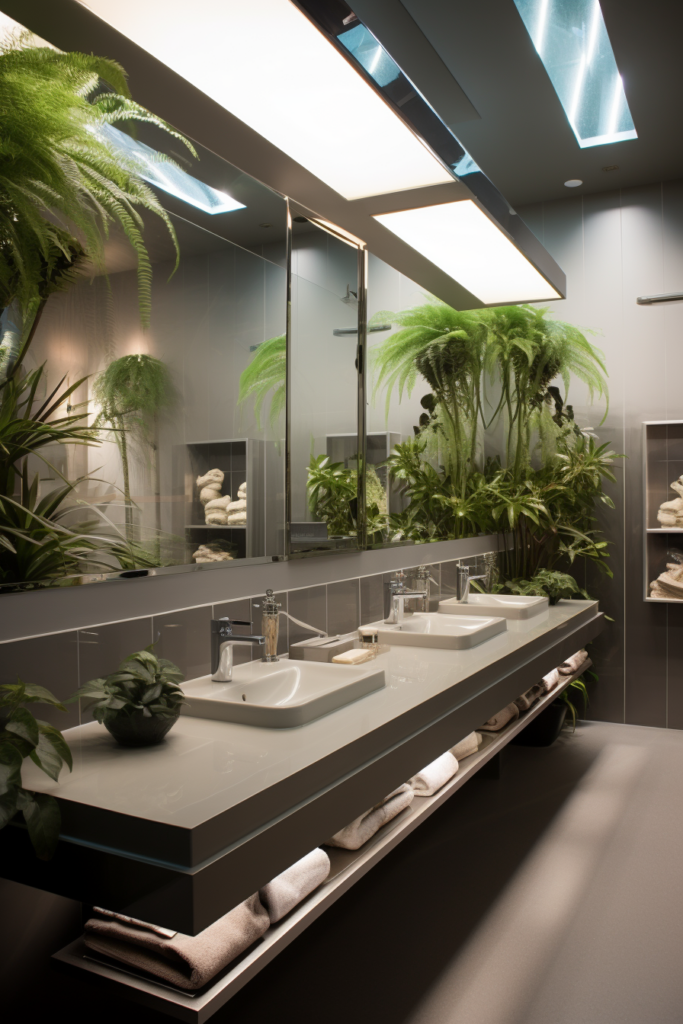 A self-sustaining bathroom with plants and mirrors that require minimal plant care.