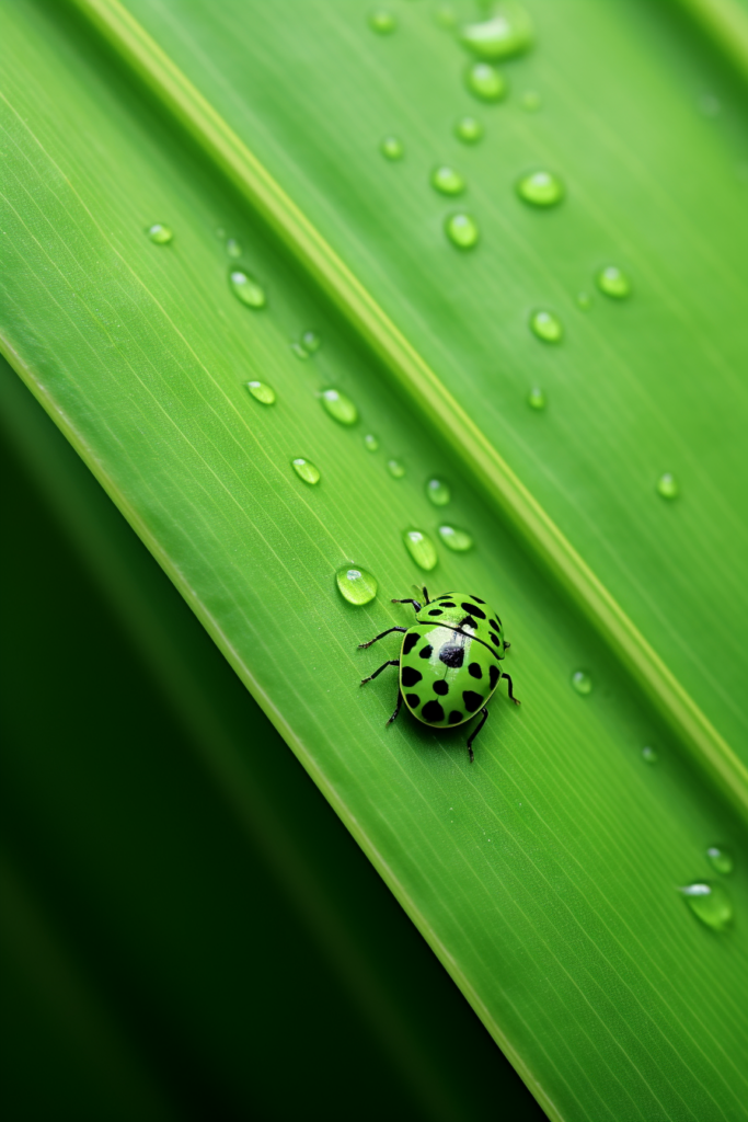 A ladybug sitting on a green leaf with water droplets, demonstrating self-sustaining plant care.