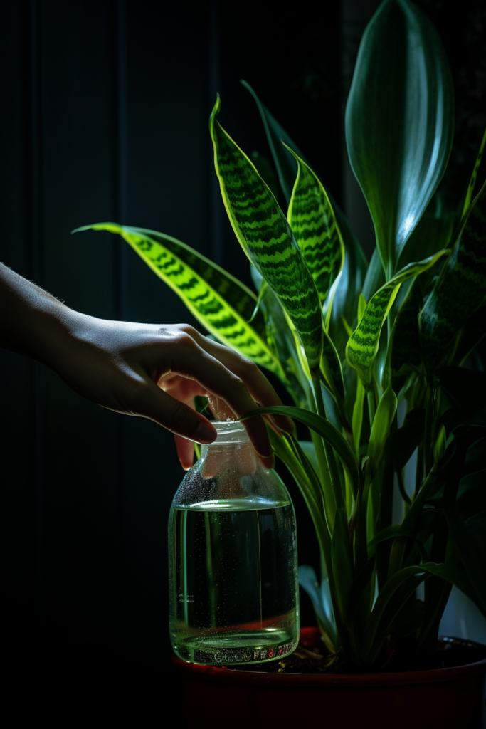 A self-sustaining plant care system with a hand holding a bottle of water next to a plant.