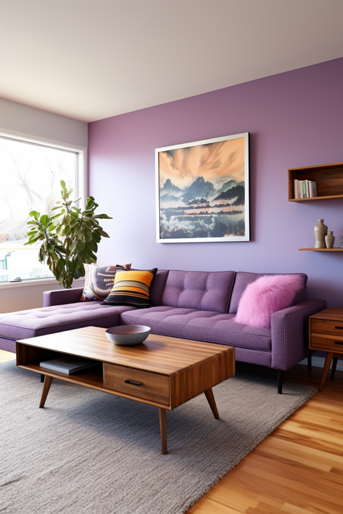 A long and narrow living room with purple walls.