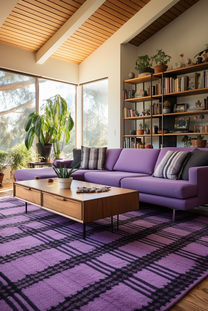 A living room with a long purple couch and black coffee table.