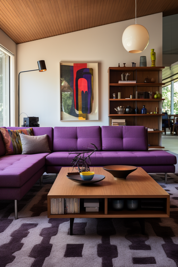 A narrow living room with a purple couch and a coffee table.