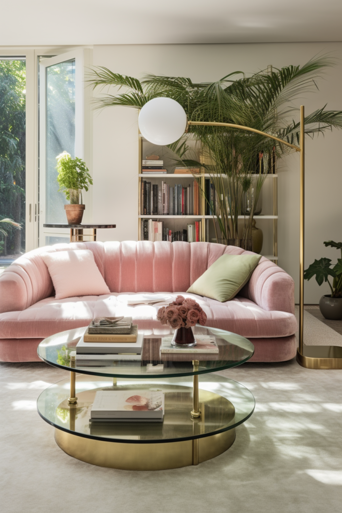 A living room with a pink couch in a narrow living dining room.