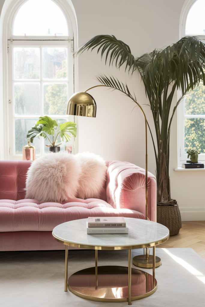 A narrow living room with a pink couch and a coffee table.
