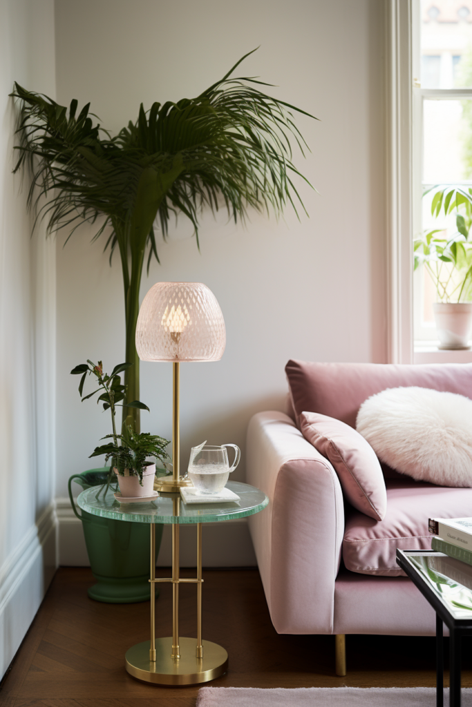 A narrow living room with a pink couch and a plant.