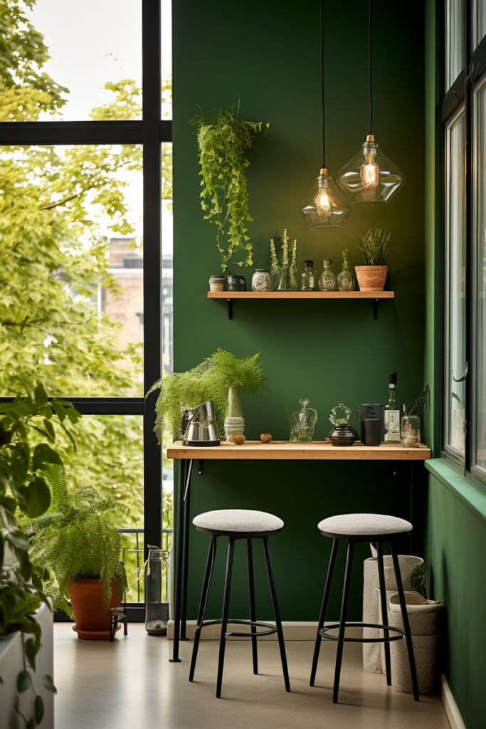 A living room with green walls and a long narrow table and chairs.