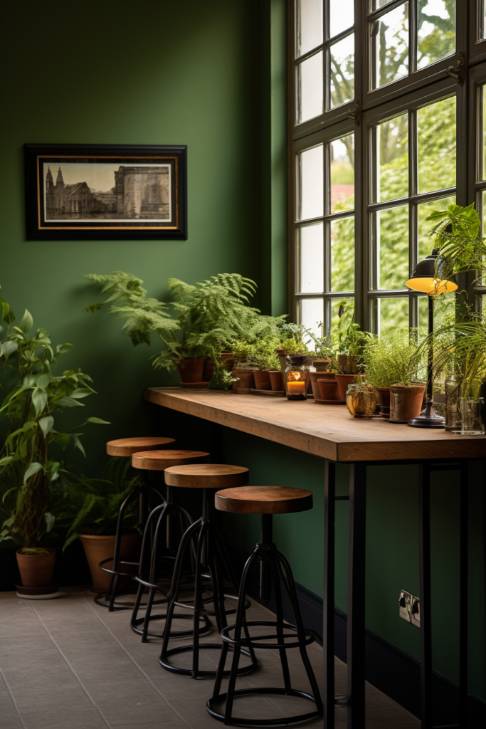 A long and narrow room with green walls and potted plants.