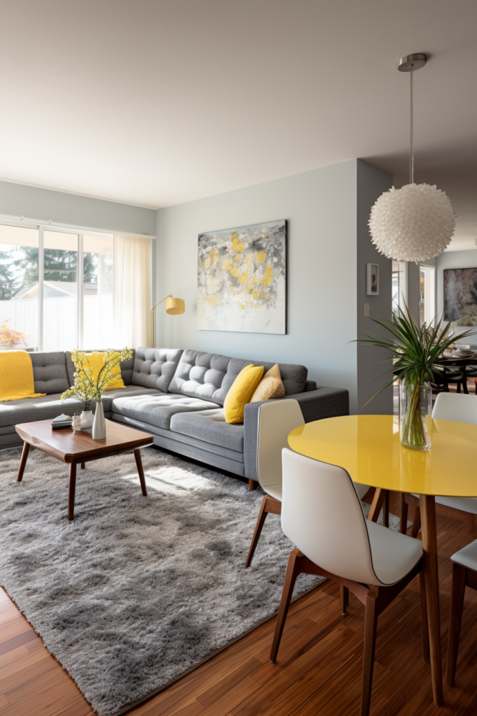 A narrow living room with gray furniture and yellow accents.