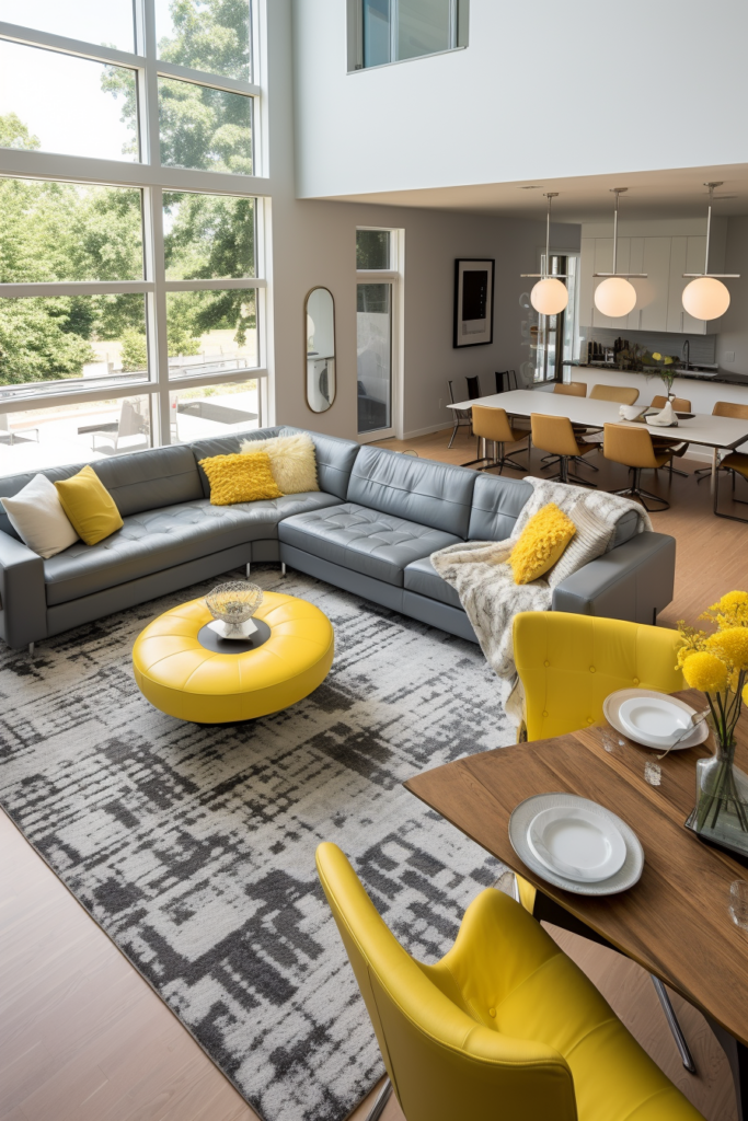 A modern living room with yellow furniture in a long and narrow space.