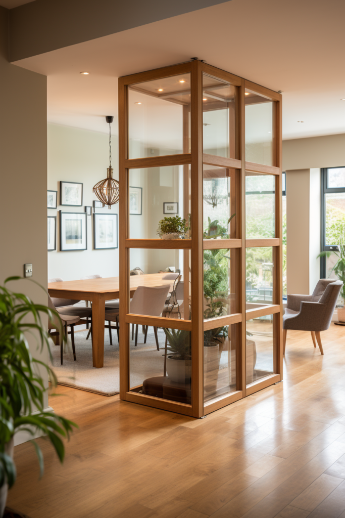 A glass partition in a narrow living dining room.