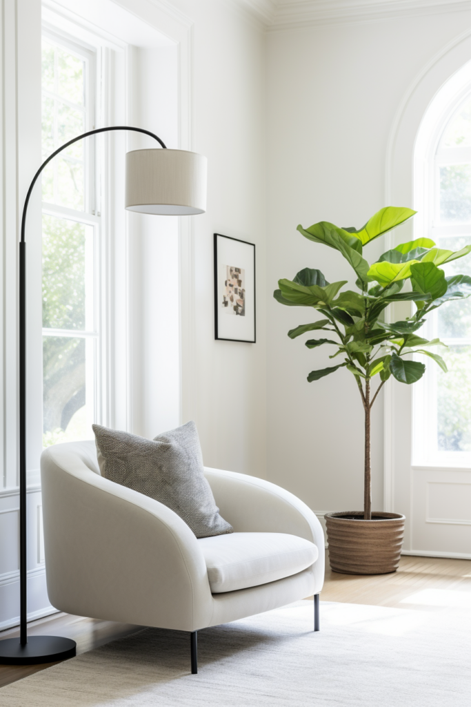 A narrow living room with a white chair and a potted plant.