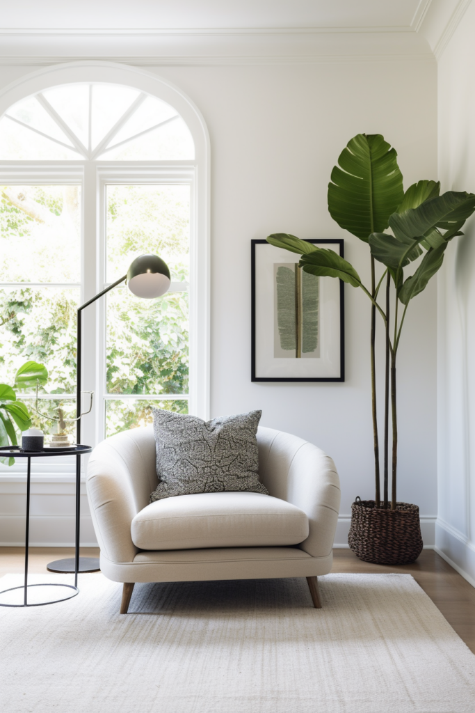 A white living room with a large plant in front of a arched window in a narrow living dining room.
