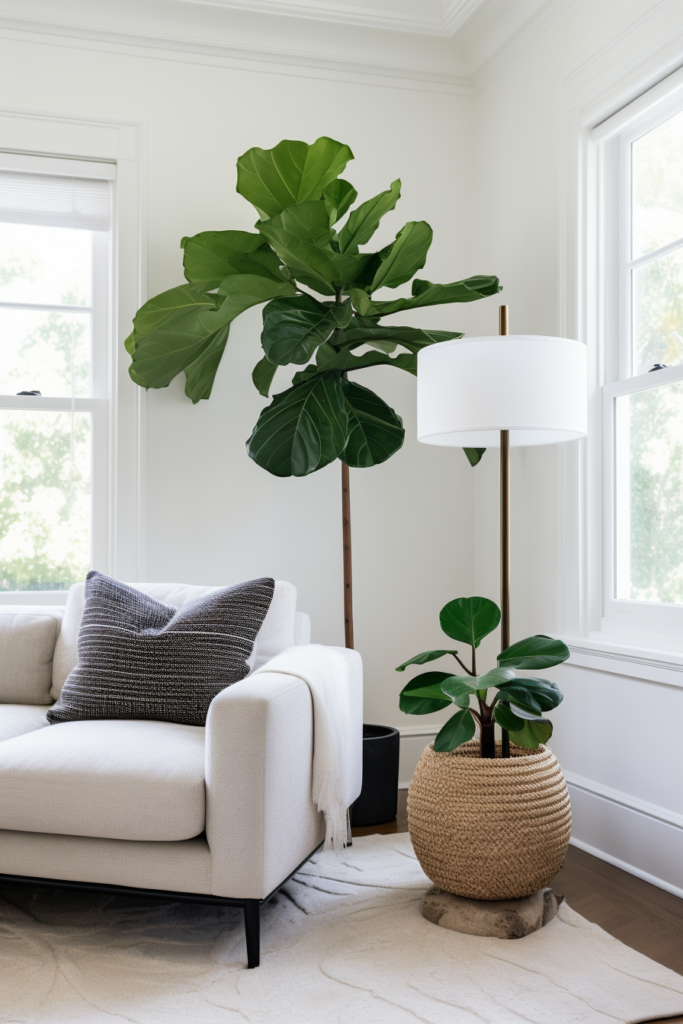 A living room with a large plant in front of a window in a long and narrow space.