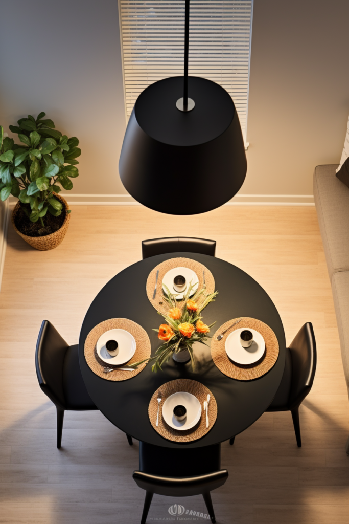 A dining room with a black table and chairs in a long and narrow living dining room.