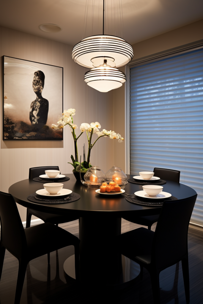 A narrow dining room with a black table and chairs.