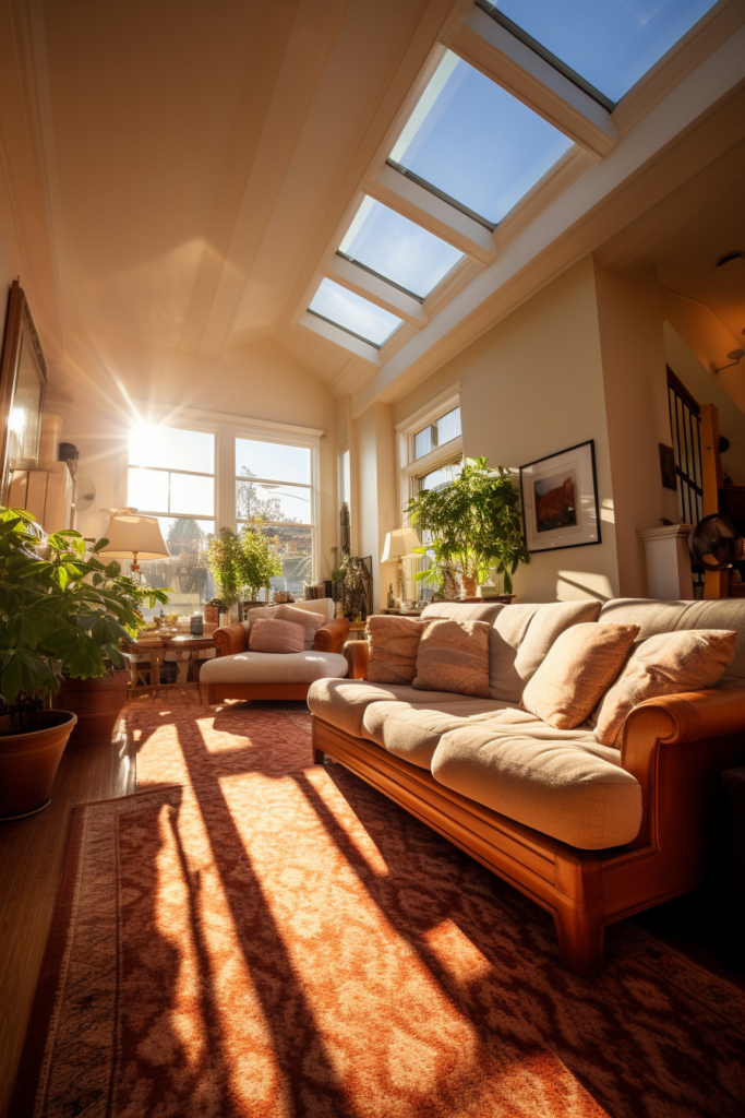 A long and narrow living room with a skylight allowing for natural light.